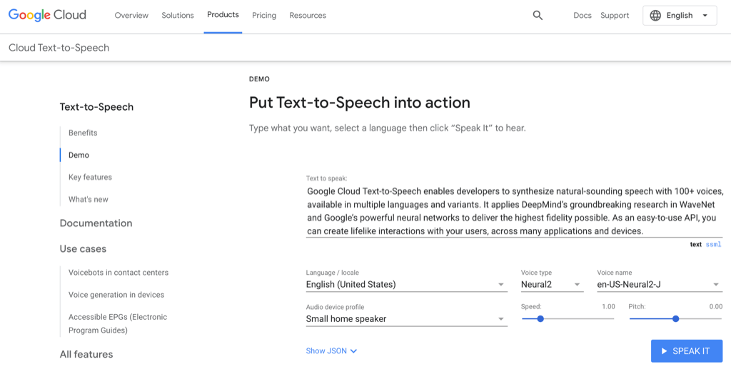 Google cloud text to speech API